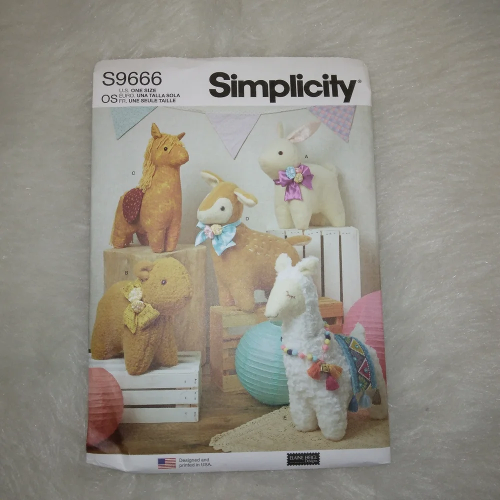 Simplicity 9666 Plush Animal Dolls Bunny Bear Pony Deer Alpaca